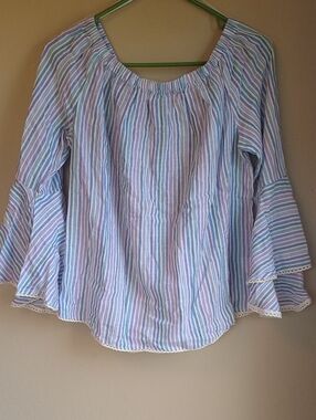 Solitaire Stripped Off Shoulder Cotton Light Weight Coastal Beach Size M